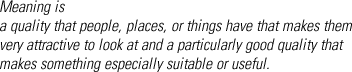 Meaning is a quality that people, places, or things have that makes them very attractive to look at and a particularly good quality that makes something especially suitable or useful.